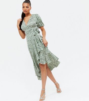 Green Spot Satin Ruffle Midi Wrap Dress | New Look